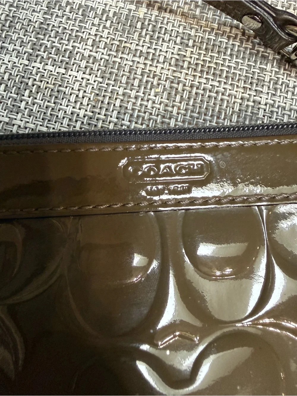 Coach Patent Signature Embossed Wristlet in Grey With Silver Hardware. Wallet